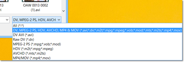 Supported file types in the player's File > Open dialog box Supported file types in the player's File > Open dialog box