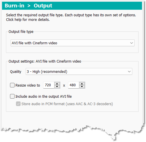 Output settings: AVI file with Cineform video