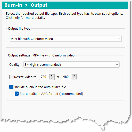Output settings: MP4 file with Cineform video